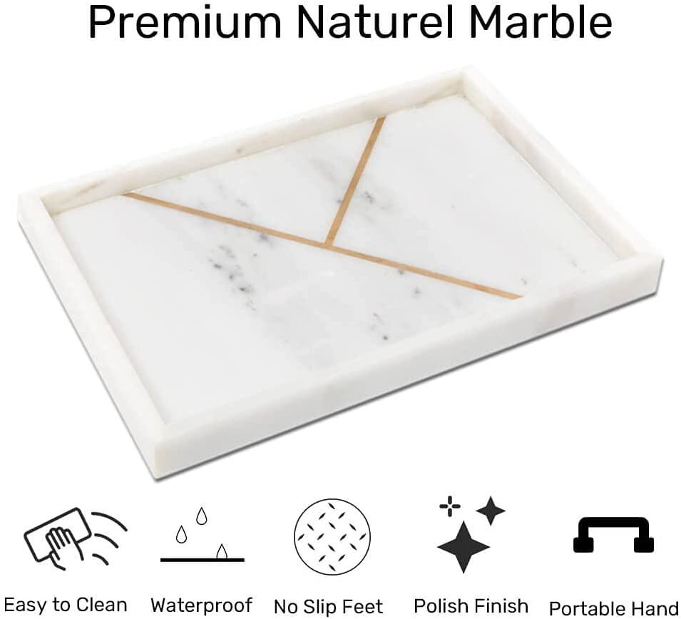 White Marble Tray with Gold Metal 12 x 8 Inch